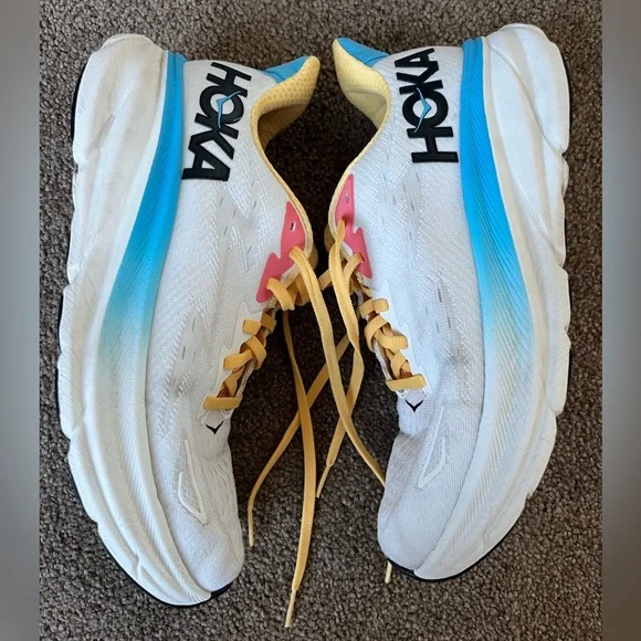 Women's Hoka Clifton White and Yellow Running Shoes - Picture 3 of 12